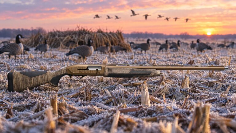 Browning Maxus II Wicked Wing 12 gauge shotgun lying in frosty corn stubble in front of a Canada goose decoy spread and layout blind at sunrise