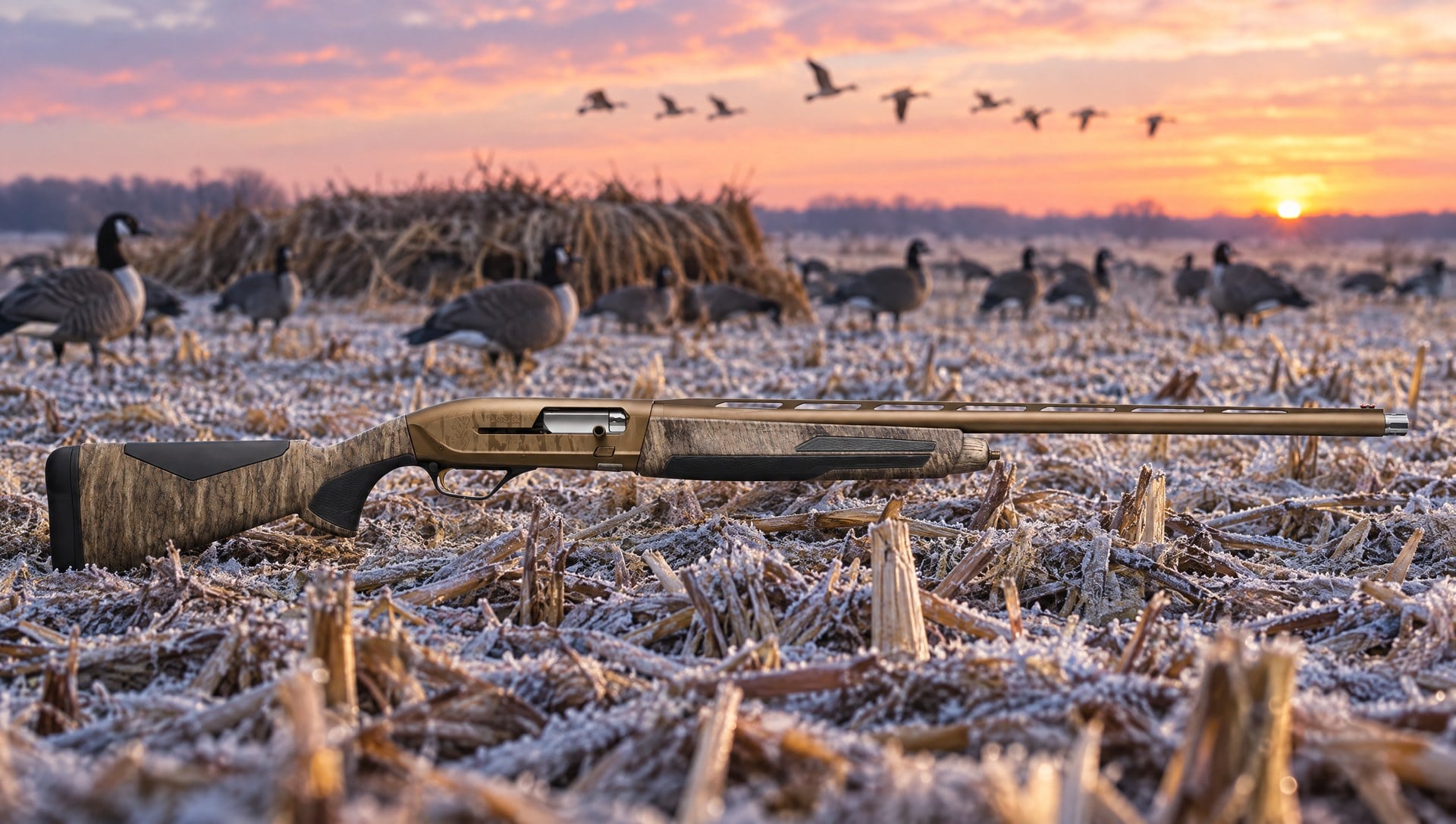 Browning Maxus II Wicked Wing 12 gauge shotgun lying in frosty corn stubble in front of a Canada goose decoy spread and layout blind at sunrise