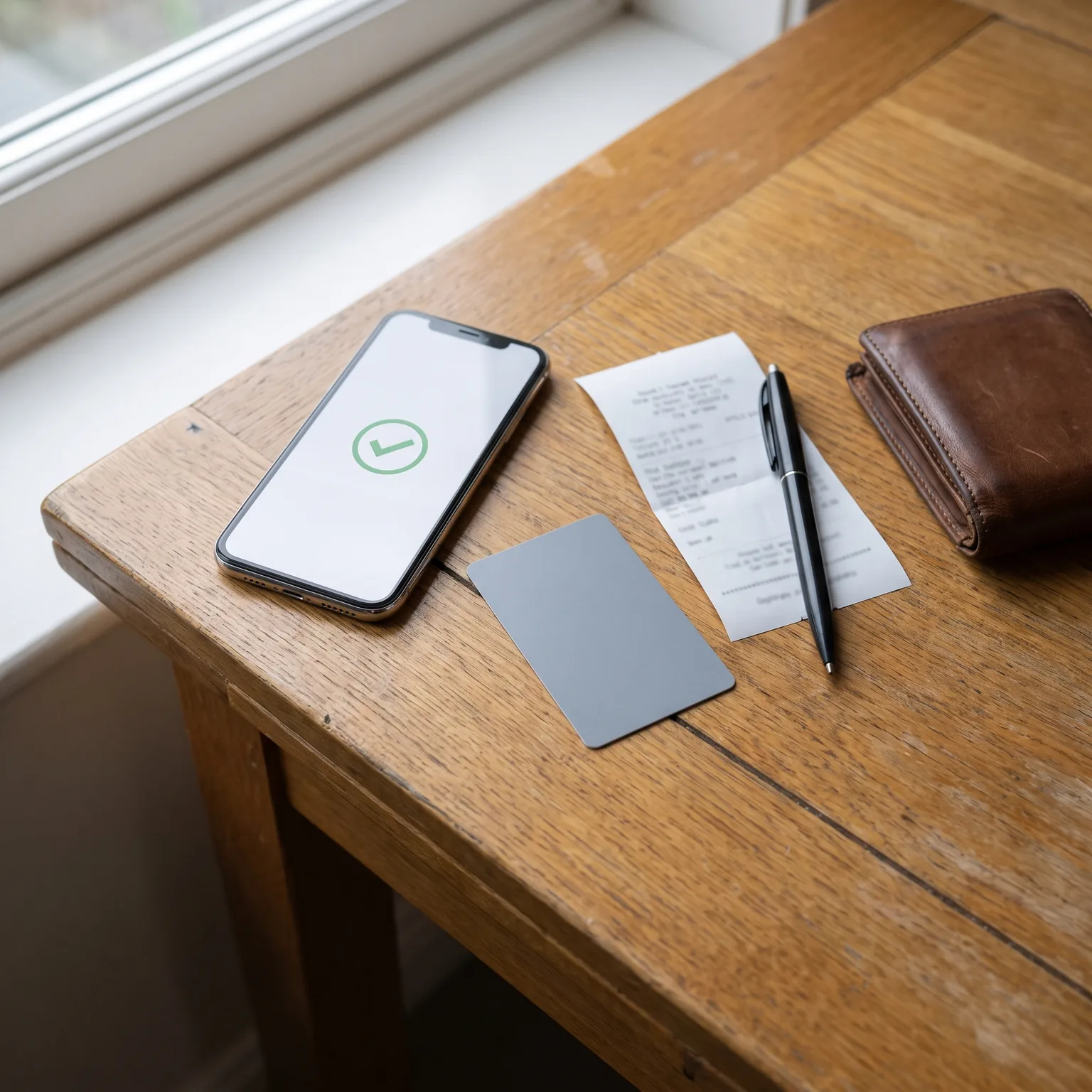 Smartphone showing a verification checkmark beside a blank card, receipt, pen and wallet on a gun shop desk