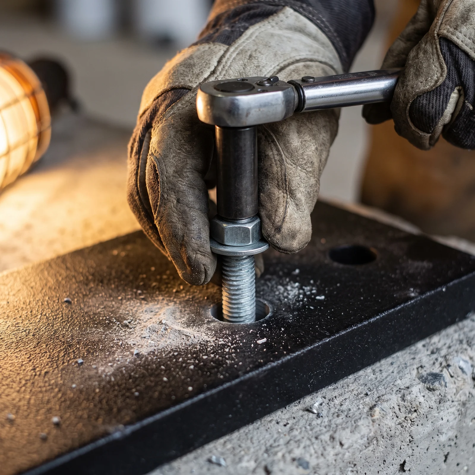 Torque wrench and deep socket tightening the nut and washer on a wedge anchor through a steel safe floor
