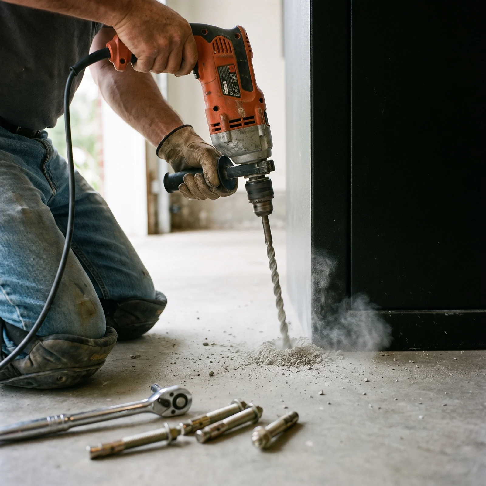 Hammer drill boring an anchor hole in a concrete garage floor beside the steel base of a gun safe
