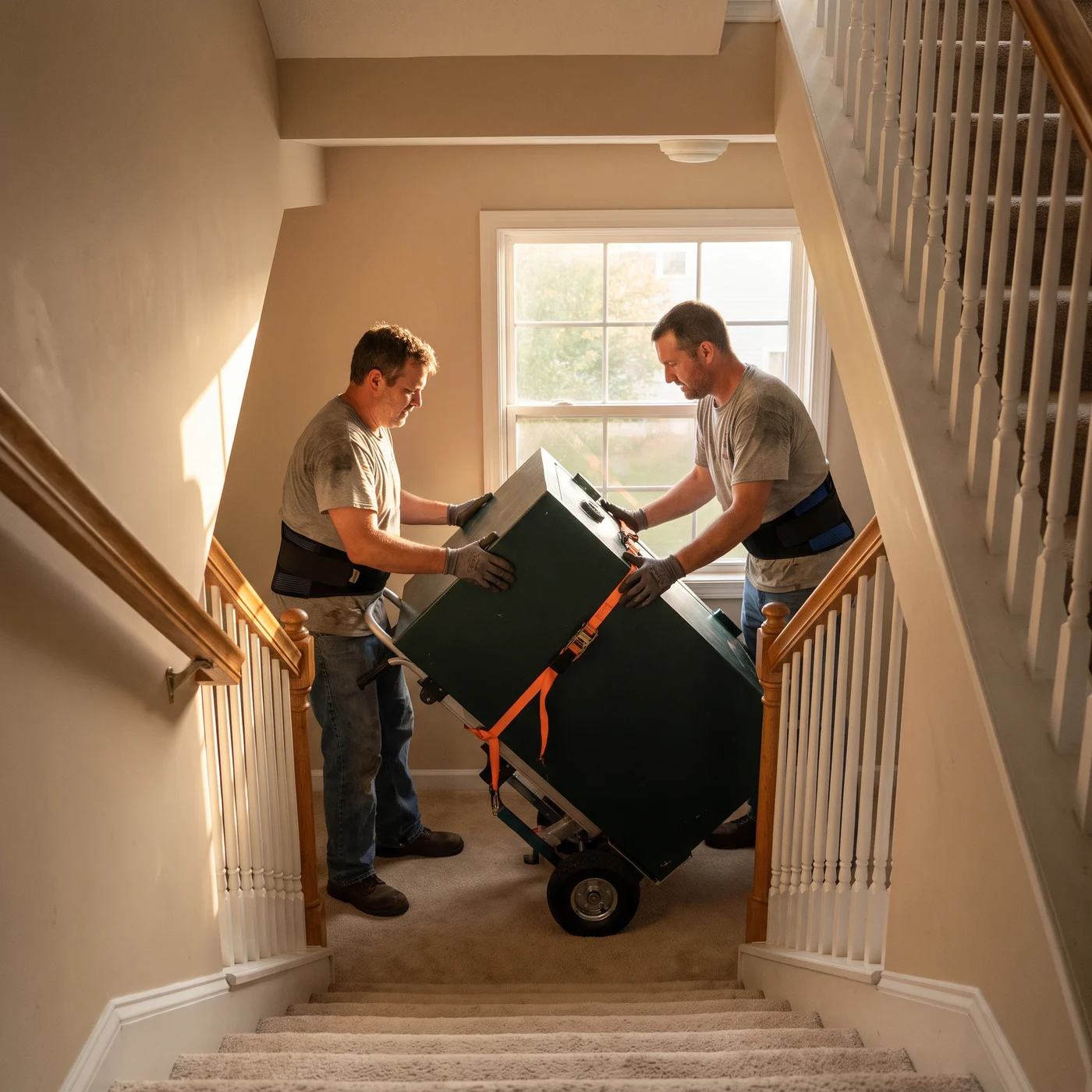 Two movers easing a heavy steel safe up a carpeted residential staircase on a strapped stair-climbing dolly, handrails on both sides