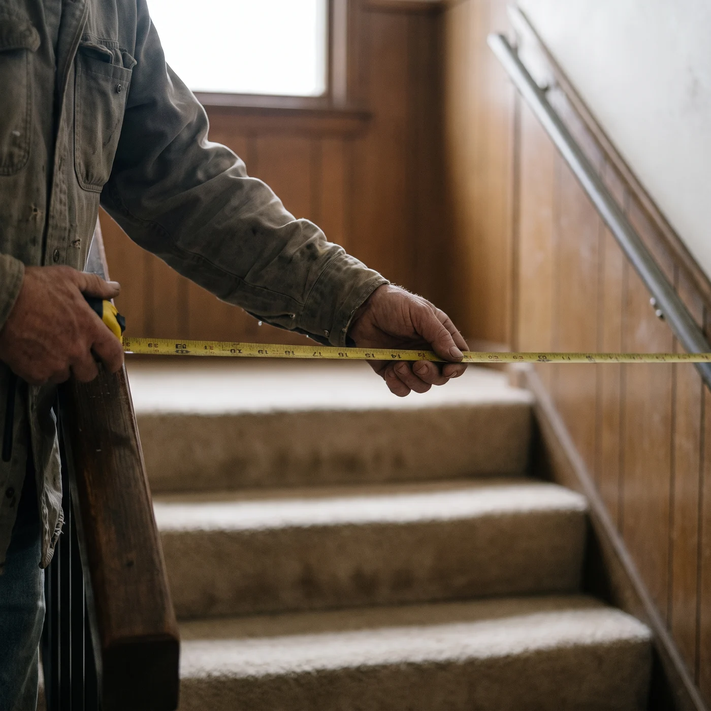 A tape measure stretched between the two handrails of a staircase at handrail height, which is where a safe on a dolly actually has to fit