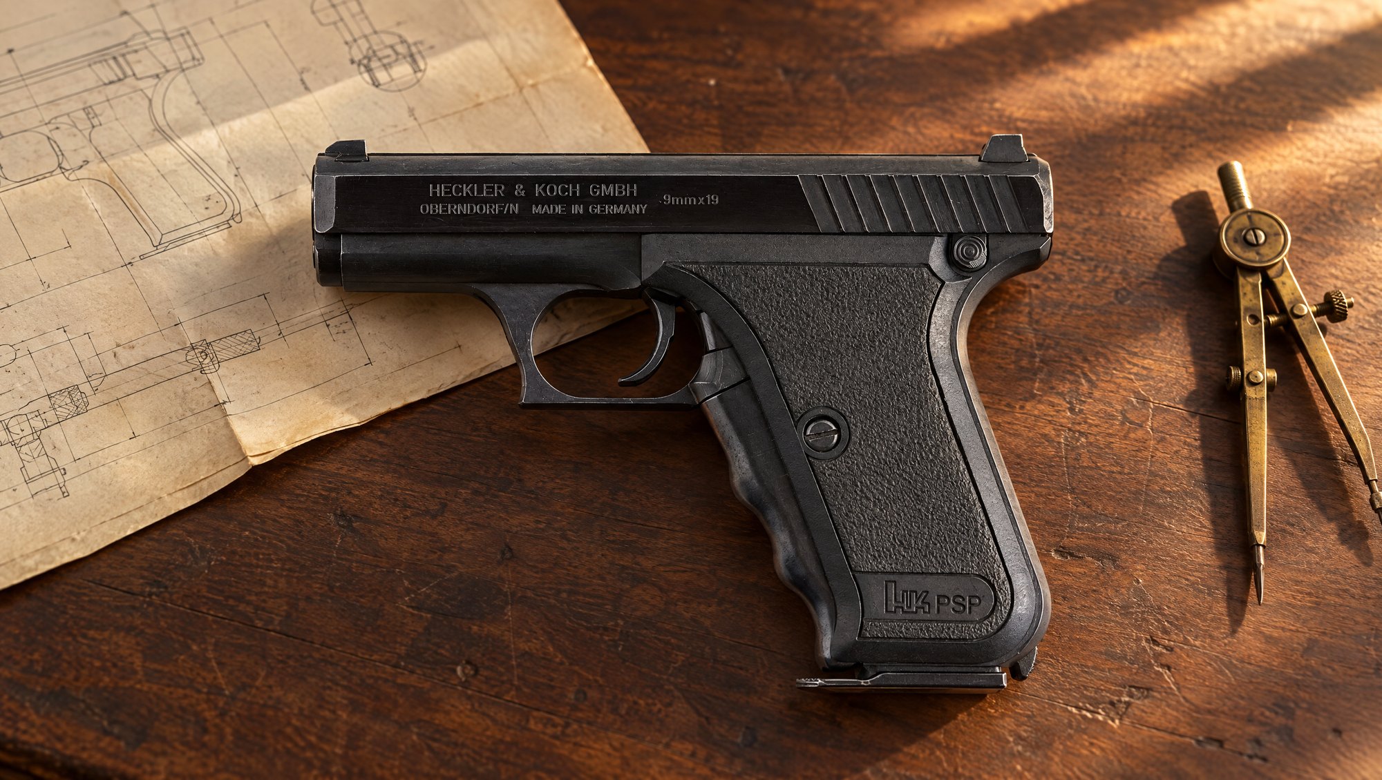 Guns ahead of their time: a Heckler & Koch P7 PSP pistol on a walnut workbench beside an old blueprint