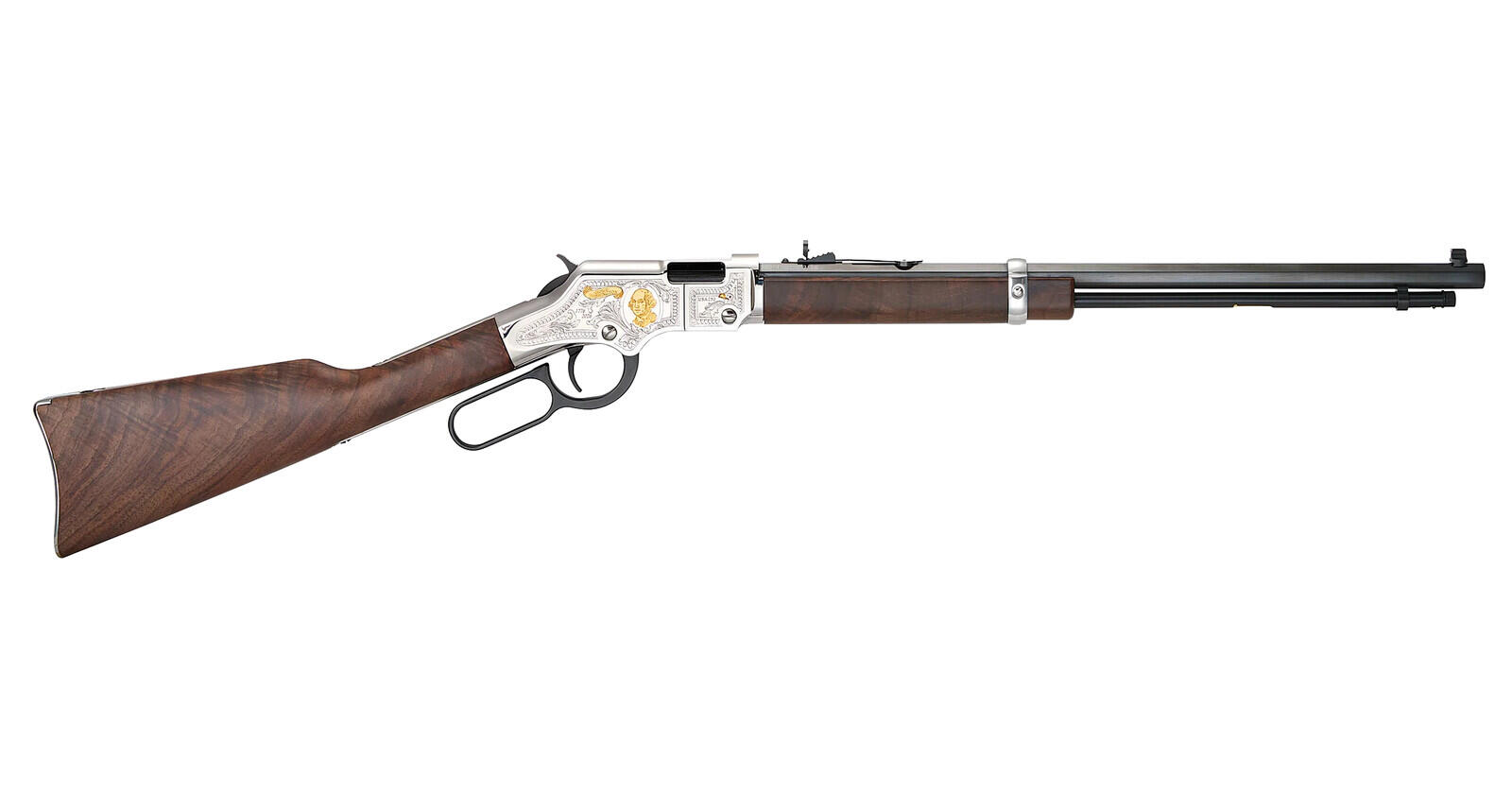 Henry George Washington Tribute Edition .22 lever-action rifle with gold Washington portrait on the engraved receiver