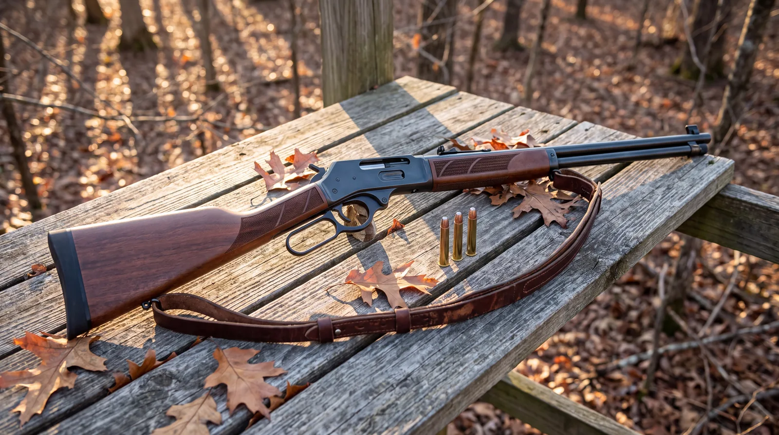 Henry Side Gate .30-30 lever action rifle on the weathered planks of a deer stand rail at sunrise in an autumn oak woodlot with a leather sling and loose cartridges