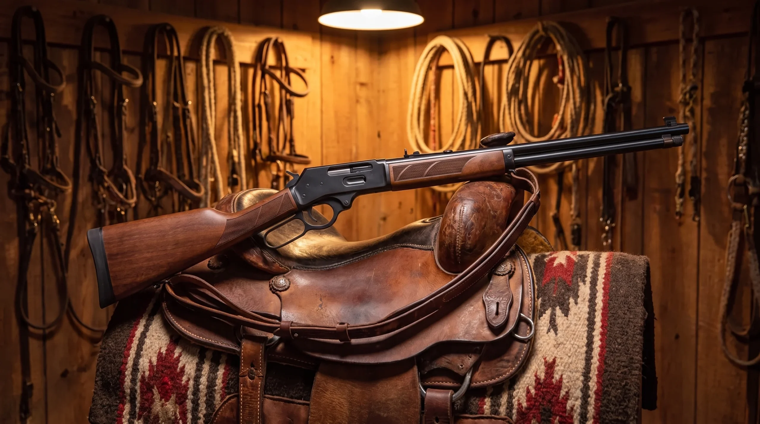 Henry Side Gate resting on a worn leather western saddle in a barn tack room under warm tungsten light
