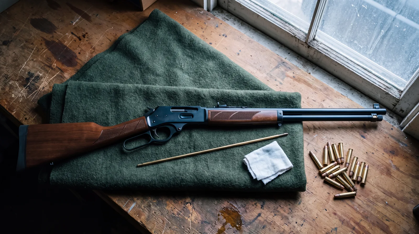 Henry Side Gate .30-30 lever action rifle photographed from overhead on a green wool blanket on a workshop bench beside a brass cleaning rod and loose brass cartridges