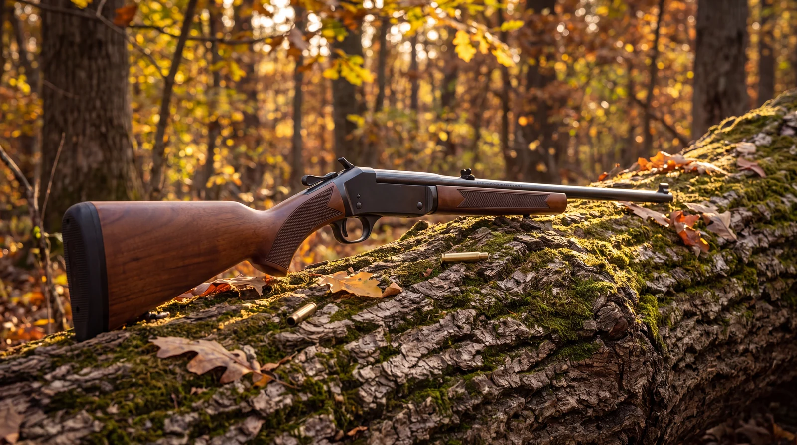 Henry Single Shot rifle lying on a mossy fallen log in autumn hardwoods with brass cases beside it