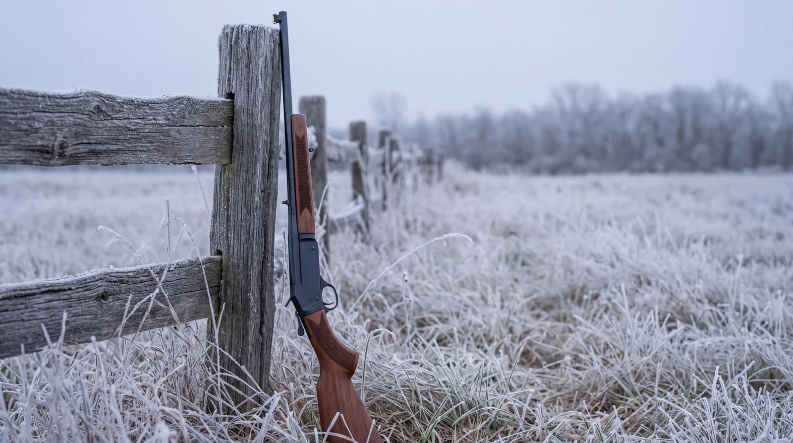 Henry Single Shot rifle leaning against a frosted split rail fence post in an open winter field