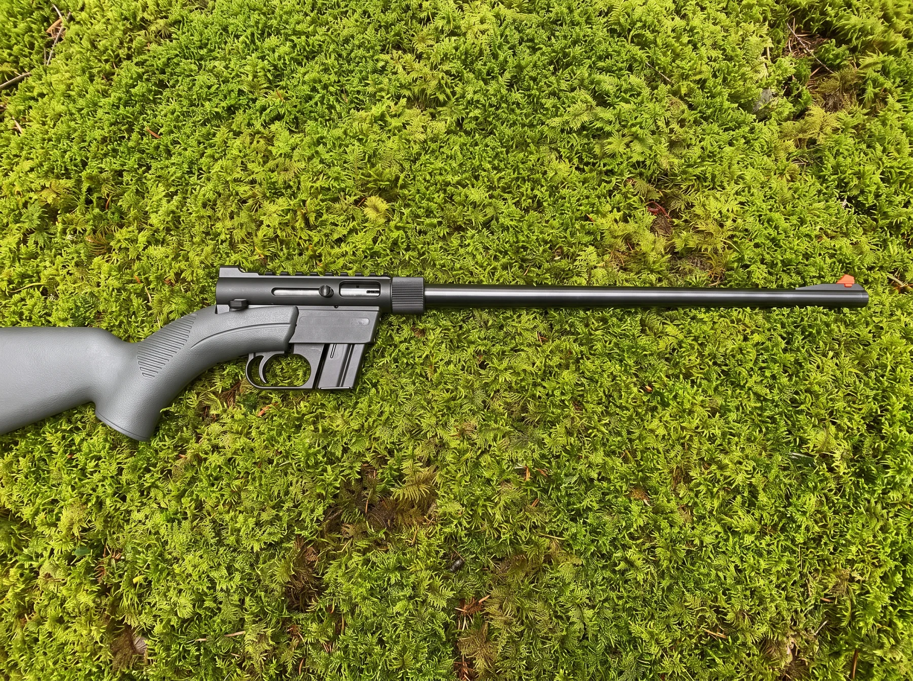 Black Henry U.S. Survival AR-7 H002B .22 LR rifle lying on green moss, seen from above