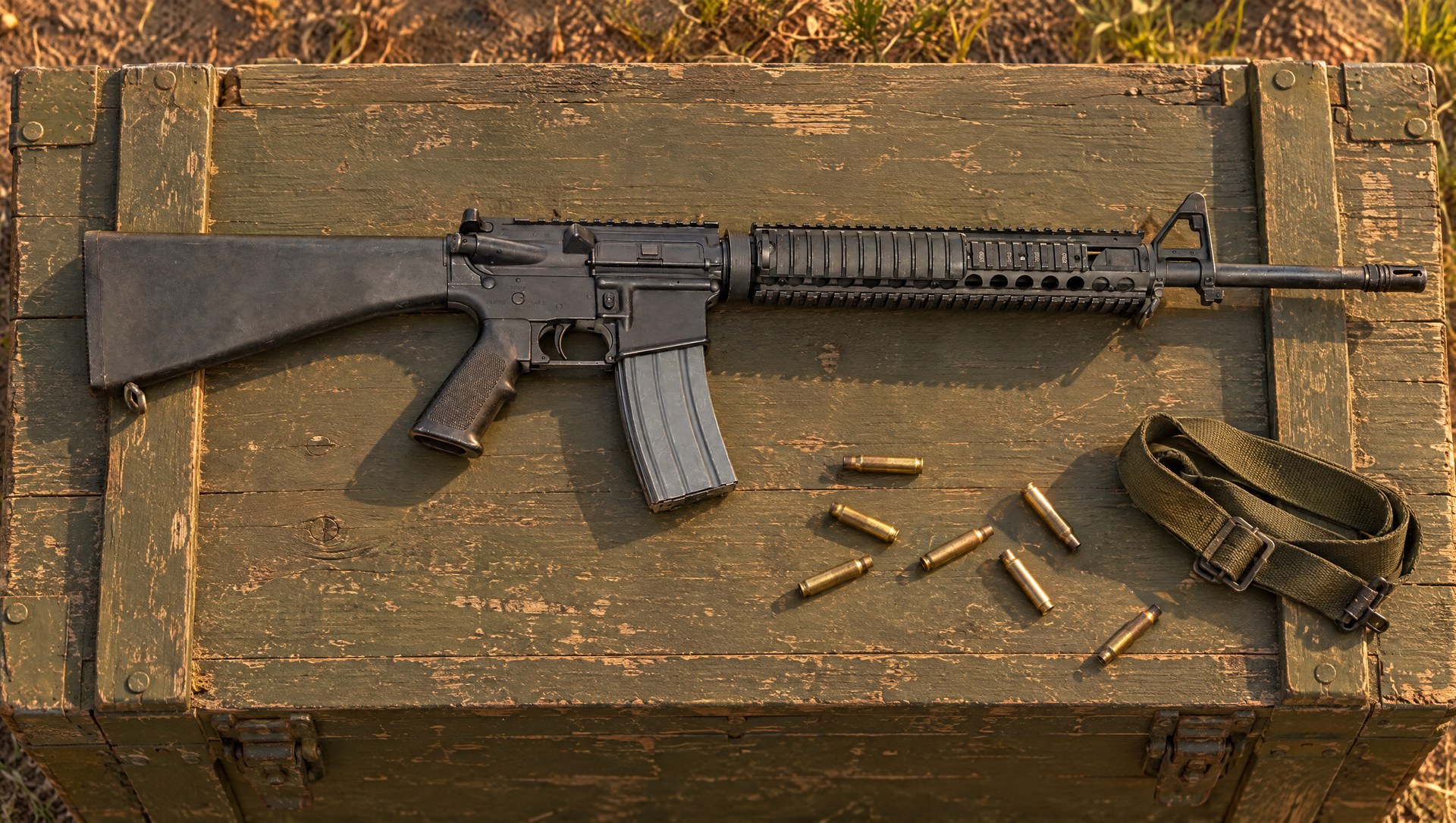 US M16A4 rifle lying on a weathered olive-drab ammunition crate with spent brass and a web sling