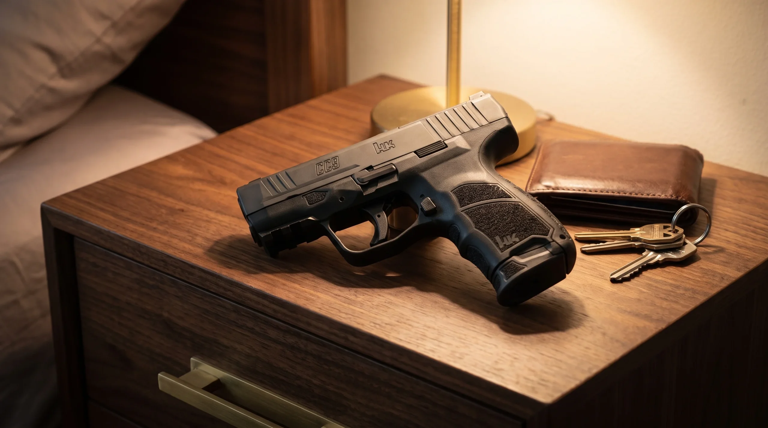 HK CC9 pistol on a dark walnut dresser top beside a leather wallet and keys in warm bedroom lamplight