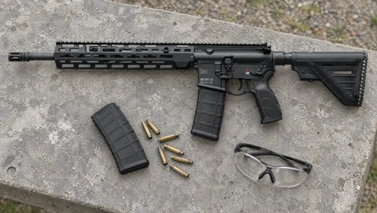 HK MR556 A4, the civilian HK416, a 5.56mm rifle with a slotted M-LOK handguard and HK adjustable stock lying on a gray concrete shooting bench beside a spare magazine, empty brass cases and clear shooting glasses