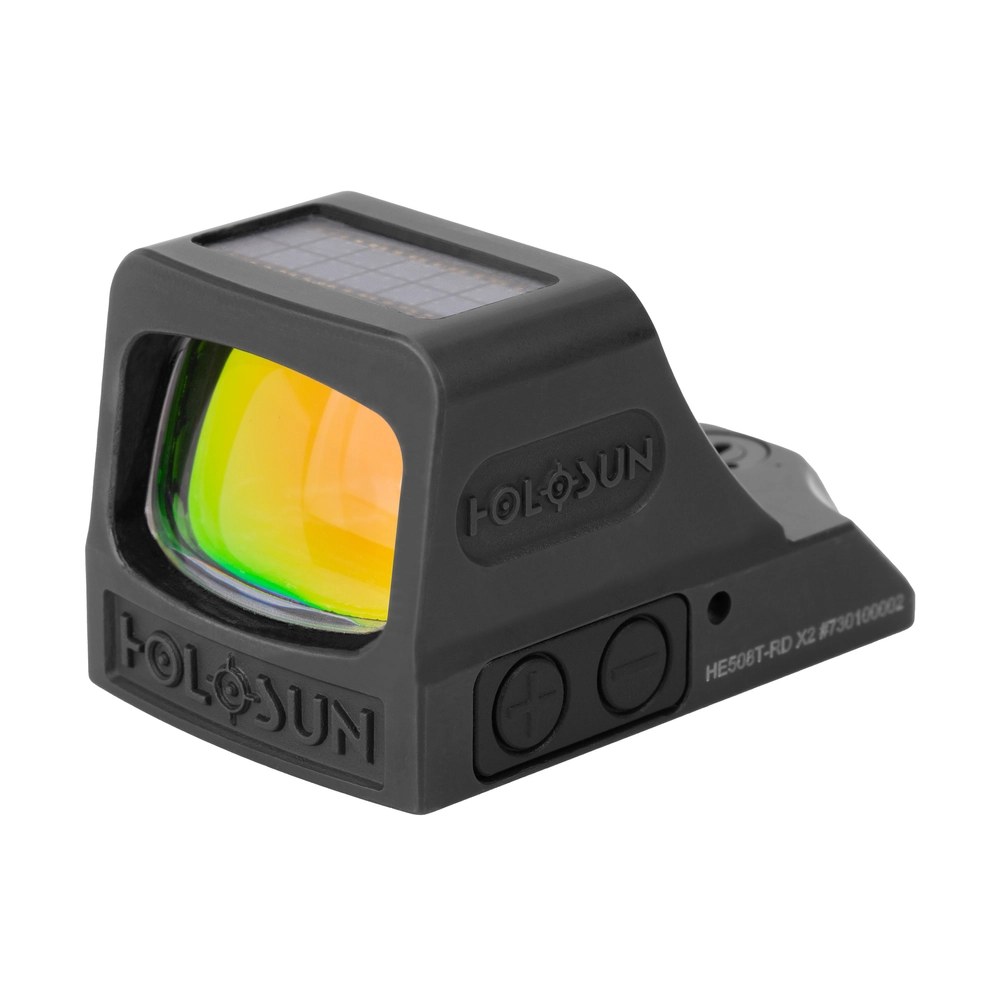 Holosun HE508T-RD X2 pistol red dot with squared titanium shroud and molded Holosun lettering