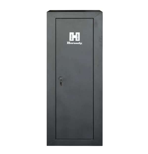 Hornady 8-Gun Welded Cabinet closed, showing the barrel key lock and the Hornady badge on the door