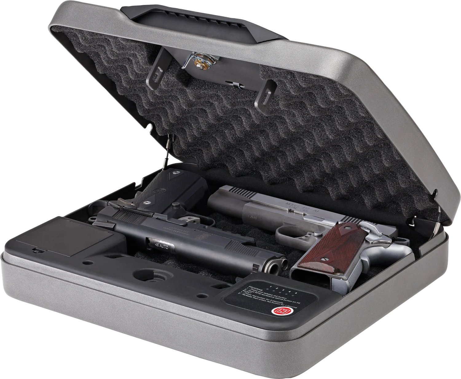 Hornady RAPiD Safe 4800KP open, holding two full-size 1911 pistols in the foam-lined interior