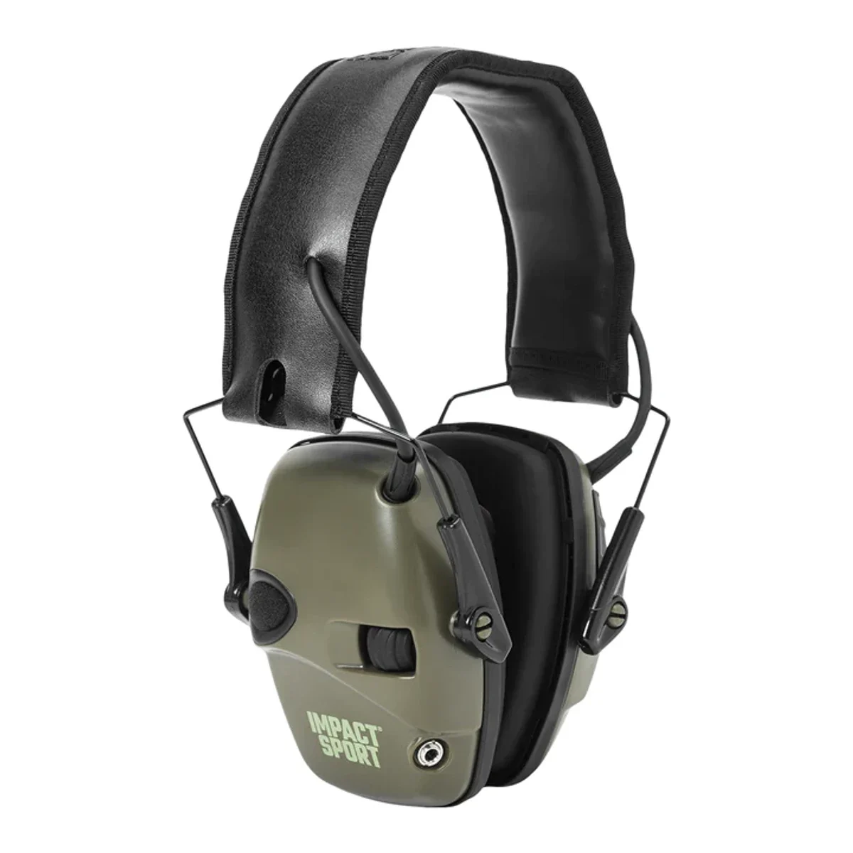 Howard Leight Impact Sport electronic earmuff in olive drab green, showing the low-profile shell and the battery door