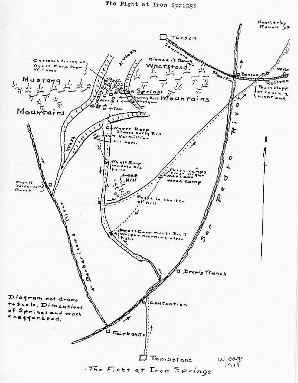 Hand-drawn map of the fight at Iron Springs made by Wyatt Earp and John Flood
