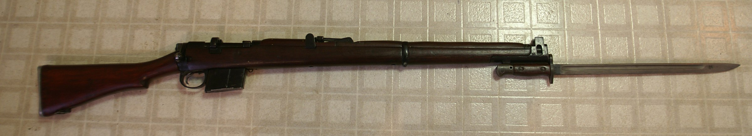 Indian Ishapore 2A1 rifle in 7.62x51mm NATO with its square 12-round magazine and a Pattern 1907 bayonet fixed