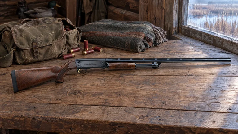 Ithaca Model 37 Featherlight 28 gauge pump shotgun with walnut stock and engraved blued receiver on an oak table in a duck hunting cabin