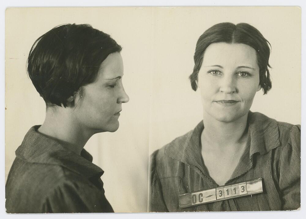Profile and front mug shot of Kathryn Kelly, wife of Machine Gun Kelly, taken in Oklahoma City around 1933