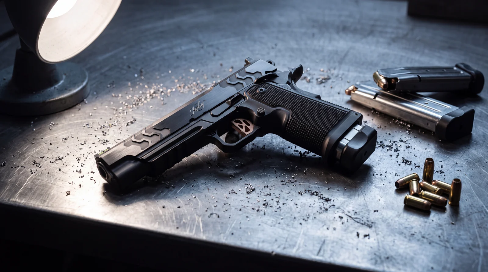 Kimber 2K11 double stack 1911 pistol on a steel machinist bench under a work lamp with spare magazines and brass