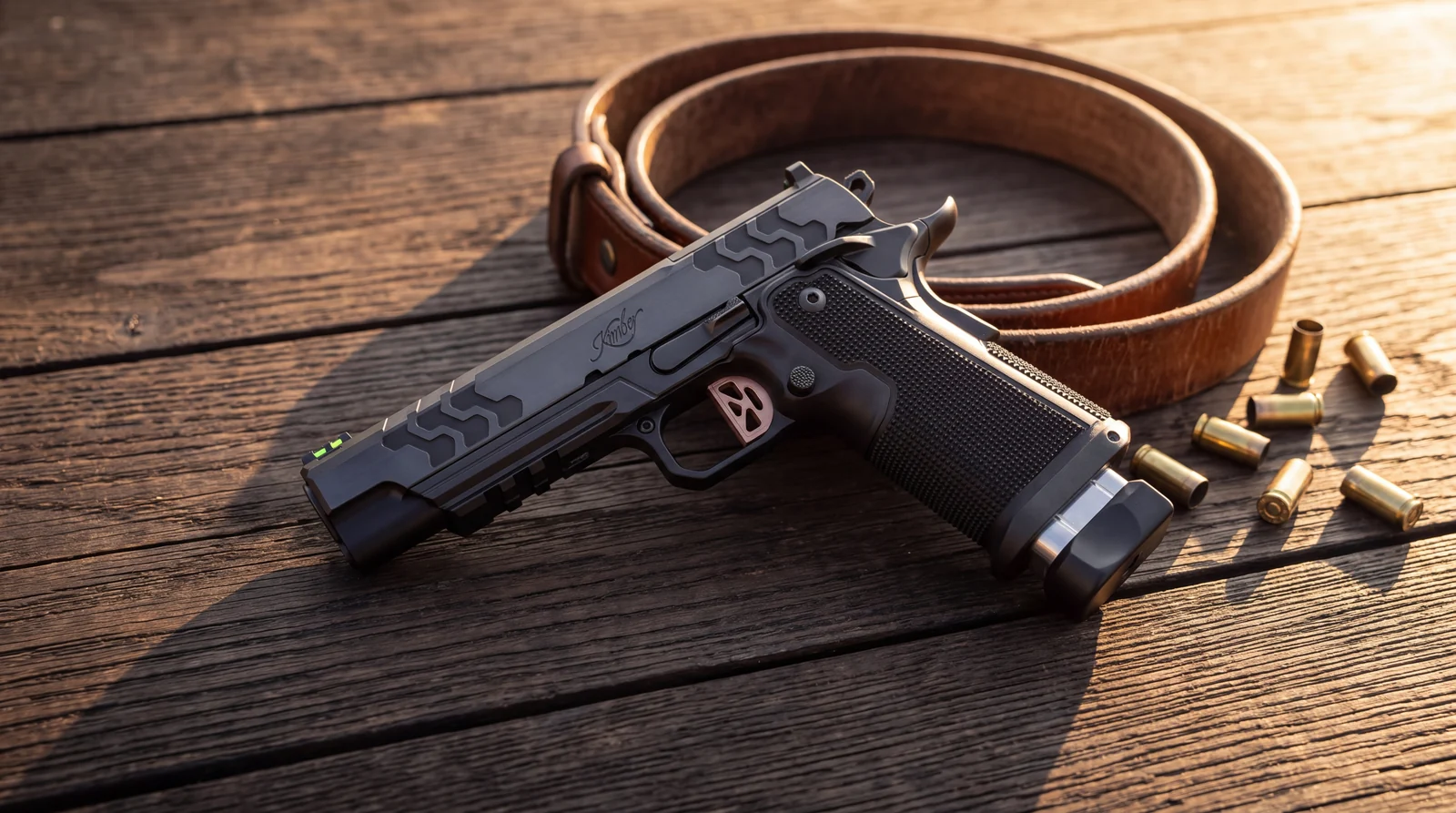 Kimber 2K11 double stack 1911 pistol on weathered oak boards in evening sunlight beside a leather belt and spent brass