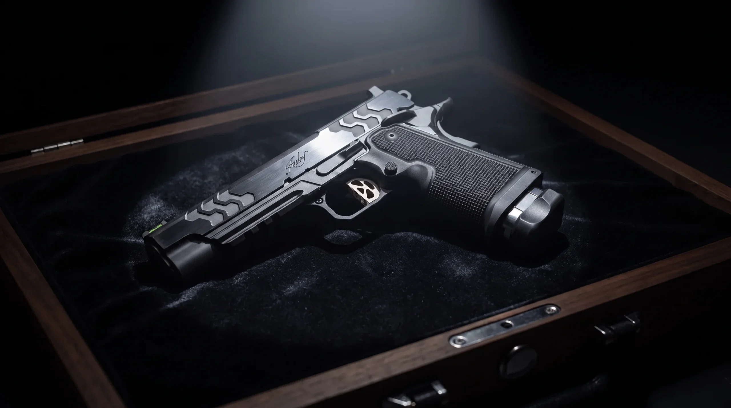 Kimber 2K11 in a black velvet lined presentation case under a single dramatic spotlight