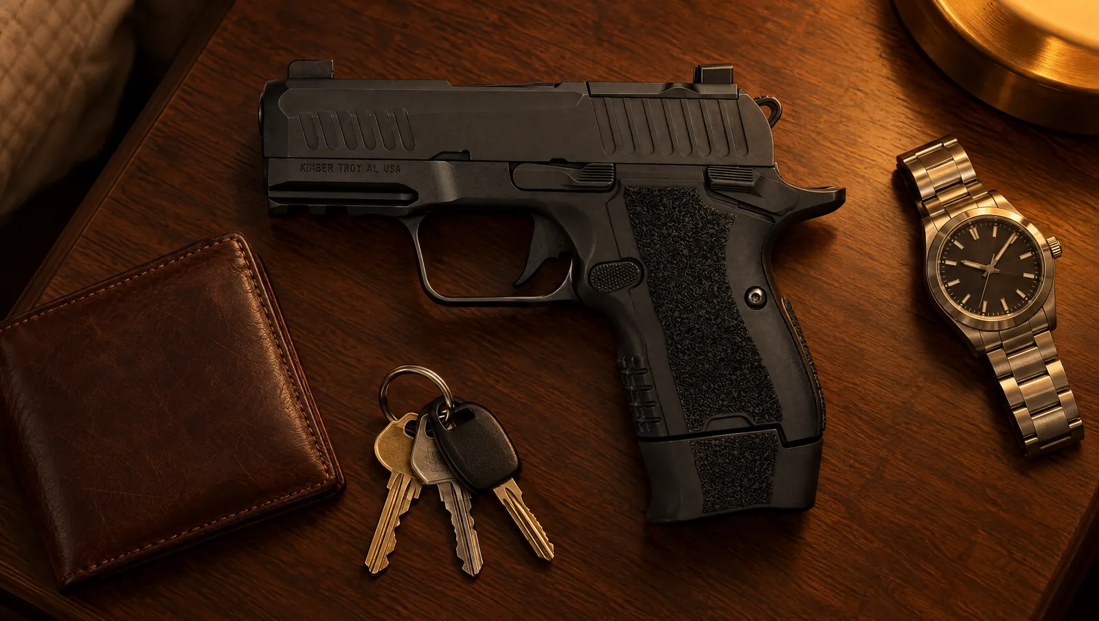 Kimber CDS9 (OR)(RL) 9mm in black DLC with an optic cover plate and KIMBER TROY AL USA frame marking lying on a walnut nightstand beside a leather wallet, keys and a steel watch