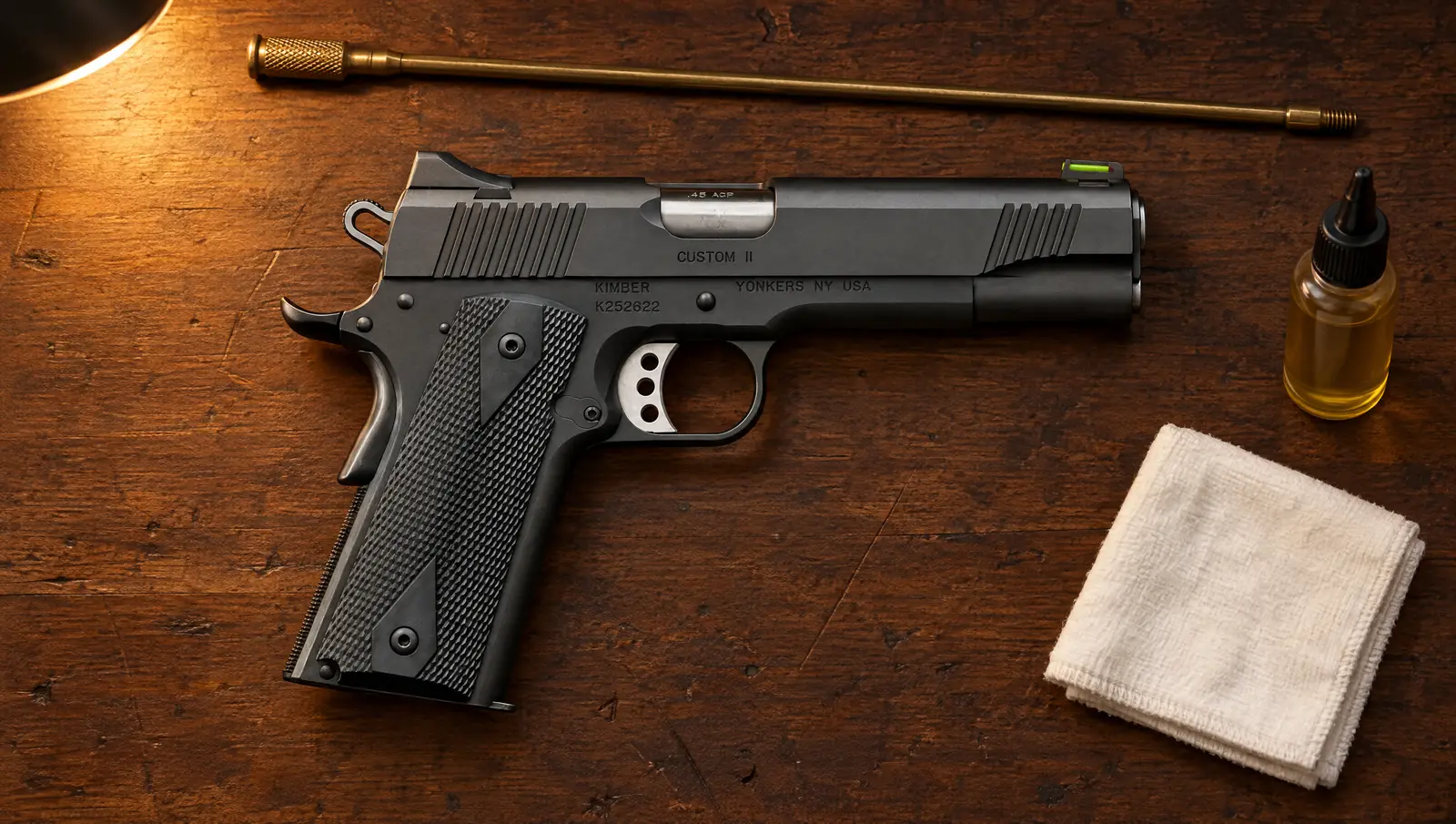 Kimber Custom II GFO .45 ACP with CUSTOM II and YONKERS NY USA roll marks and a green fiber-optic front sight lying on a walnut workbench beside a cleaning rod and gun oil