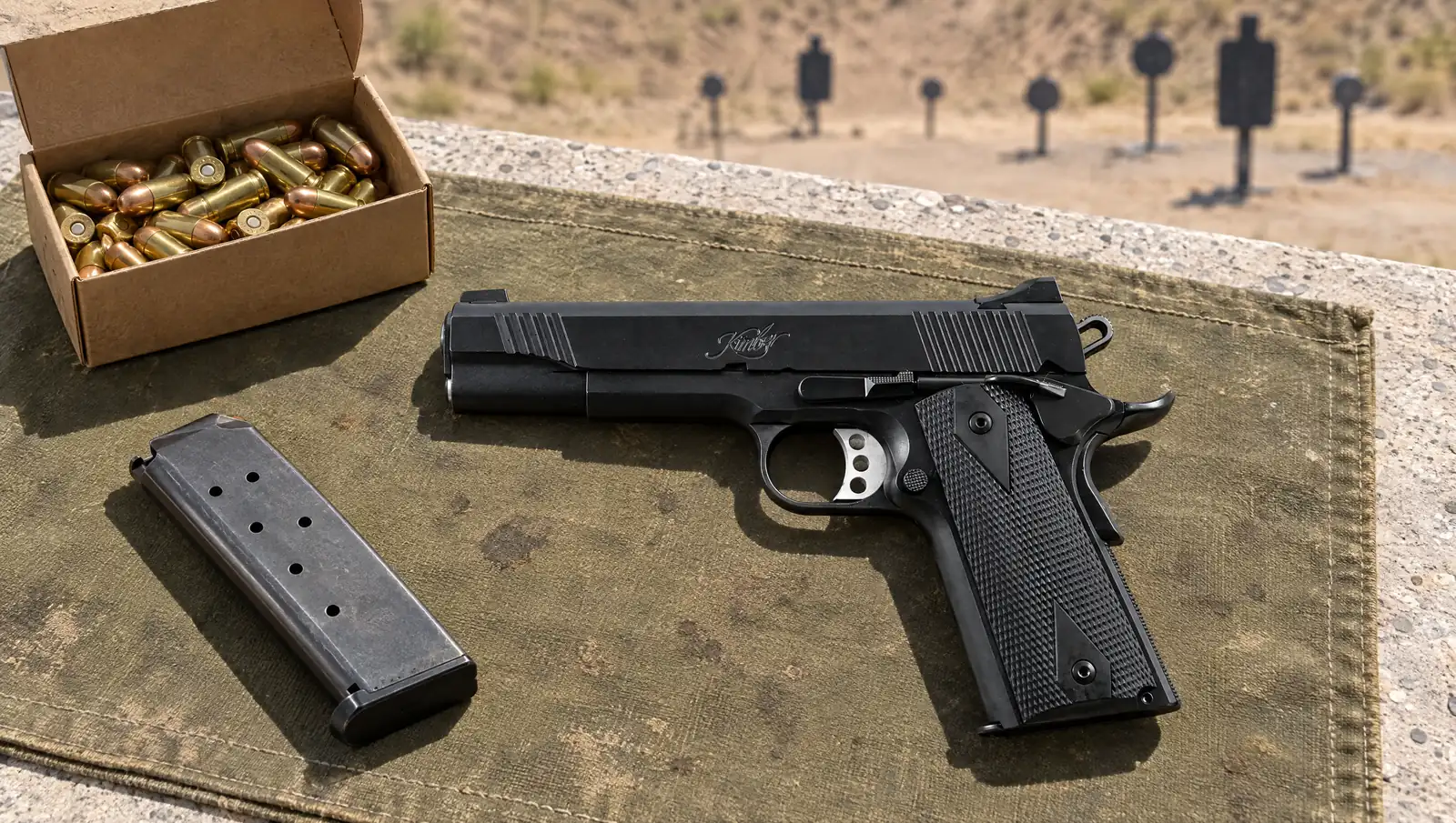 Kimber Custom II .45 ACP 1911 in matte black with double diamond grips lying on a canvas shooting mat at an outdoor range beside a box of .45 ACP cartridges and a spare magazine