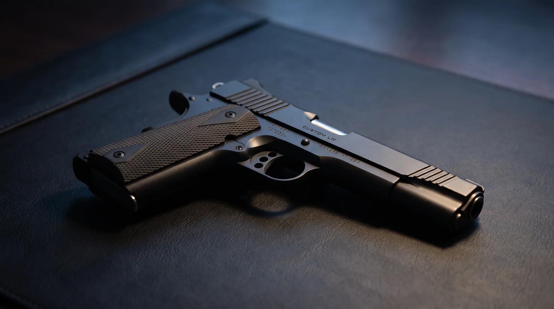 Kimber Custom LW 1911 pistol lying on a dark leather desk pad under a low lamp