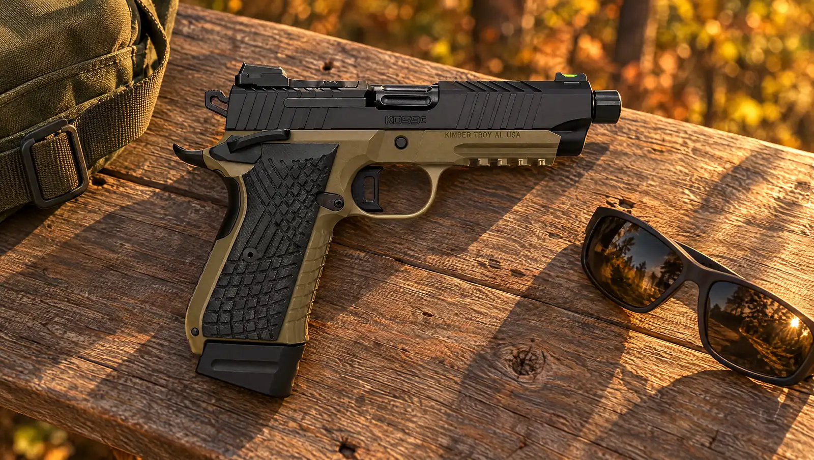 Kimber KDS9c FDE/Black TFS with a threaded barrel, flat dark earth frame and accessory rail lying on a cedar picnic table at golden hour beside sunglasses and a range bag strap