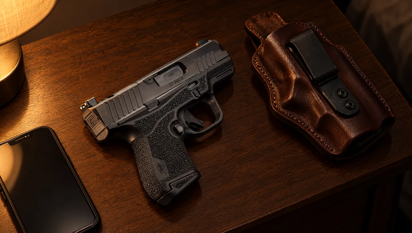 Kimber R7 Mako 9mm micro-compact pistol with R7 MAKO slide marking and orange front night sight on a walnut nightstand beside a leather IWB holster and a phone
