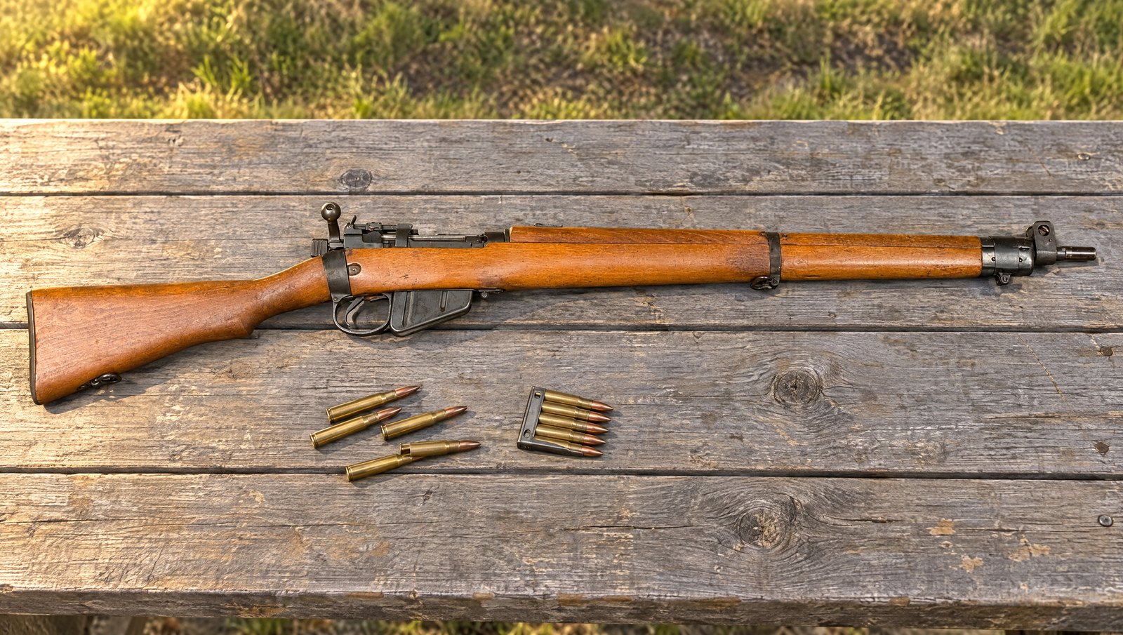 British Lee-Enfield No. 4 Mk I rifle lying on a weathered wooden shooting bench with .303 British cartridges and a stripper clip