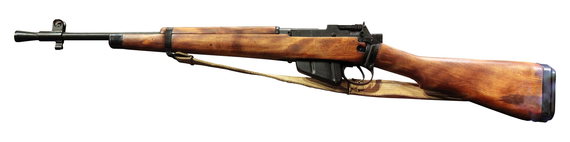 Lee-Enfield No. 5 Mk I jungle carbine with its conical flash hider, lightened receiver and rubber butt pad
