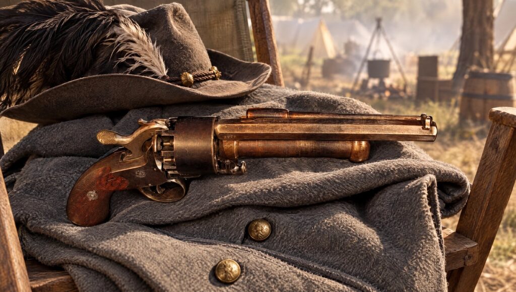 LeMat grapeshot percussion revolver on a gray officer coat at a Confederate camp in daylight