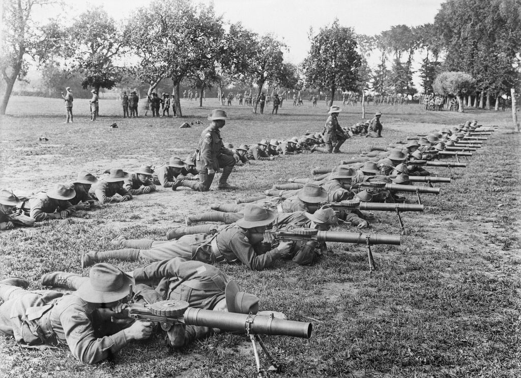Australian soldiers of the 28th Battalion practicing Lewis gun drill at Renescure in 1917