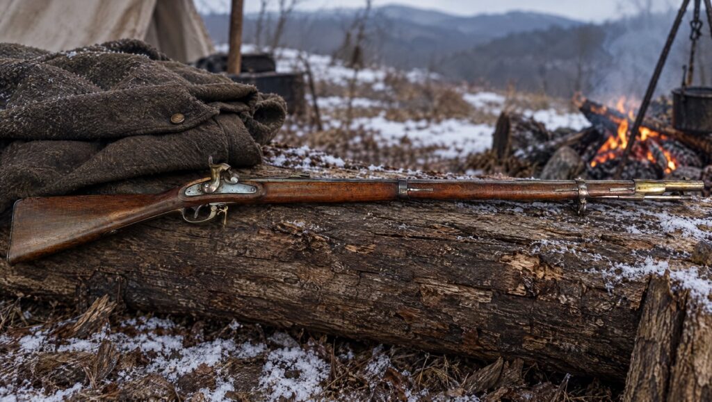 Austrian Lorenz rifle musket on a log beside a campfire in a winter camp in the Tennessee hills