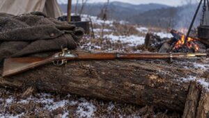Austrian Lorenz rifle musket on a log beside a campfire in a winter camp in the Tennessee hills