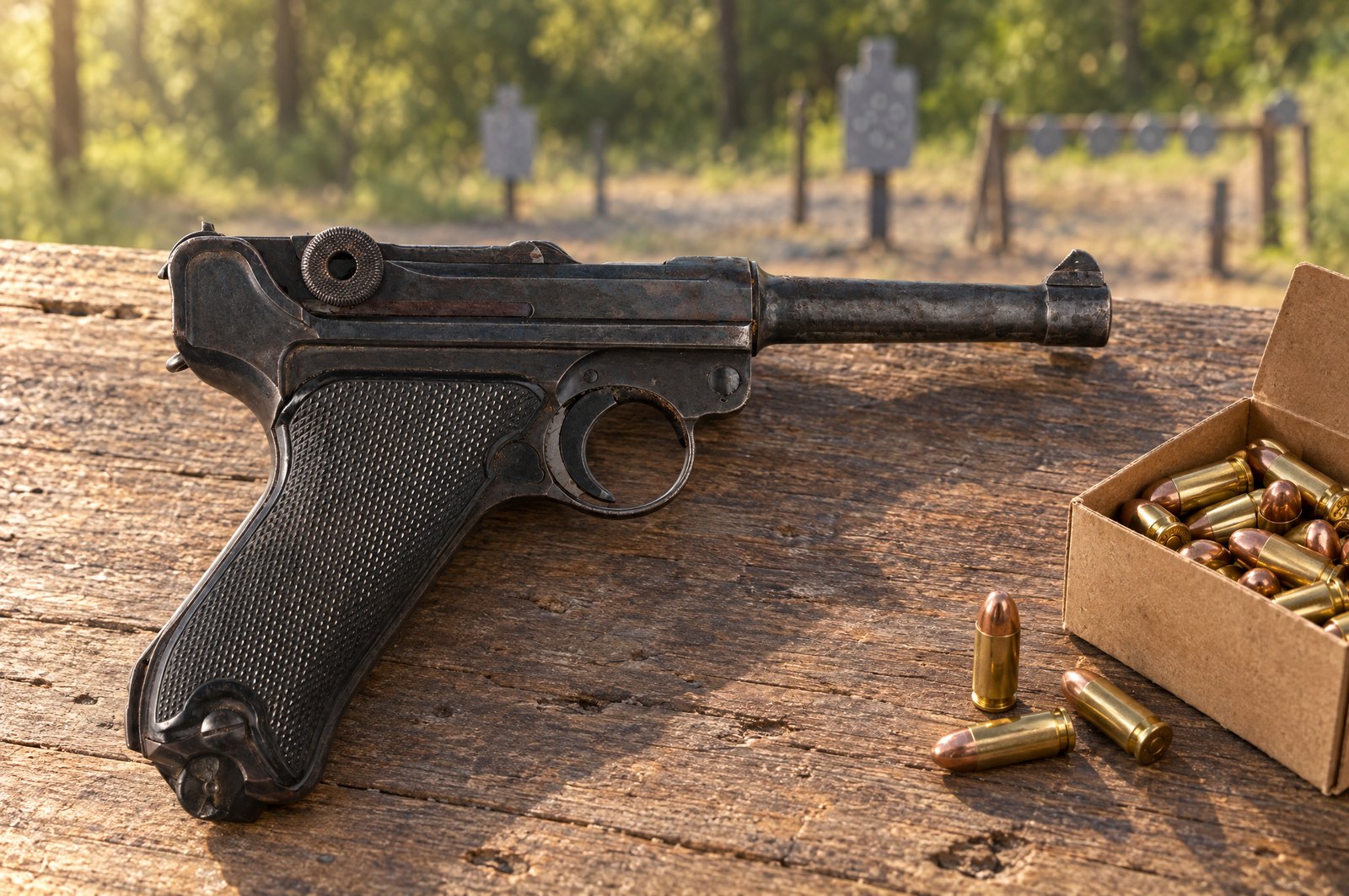 WWII Mauser Luger P08 pistol on a range bench with a box of 9mm full metal jacket ammo