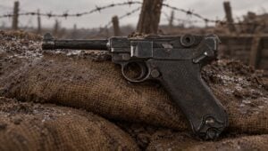 German Luger P08 surplus pistol on wet sandbags at the lip of a First World War trench