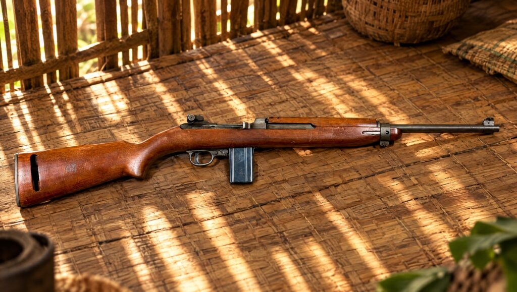 M1 carbine on a woven bamboo mat inside a Vietnamese village hut with light through the walls