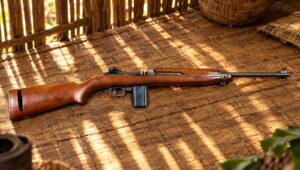 M1 carbine on a woven bamboo mat inside a Vietnamese village hut with light through the walls