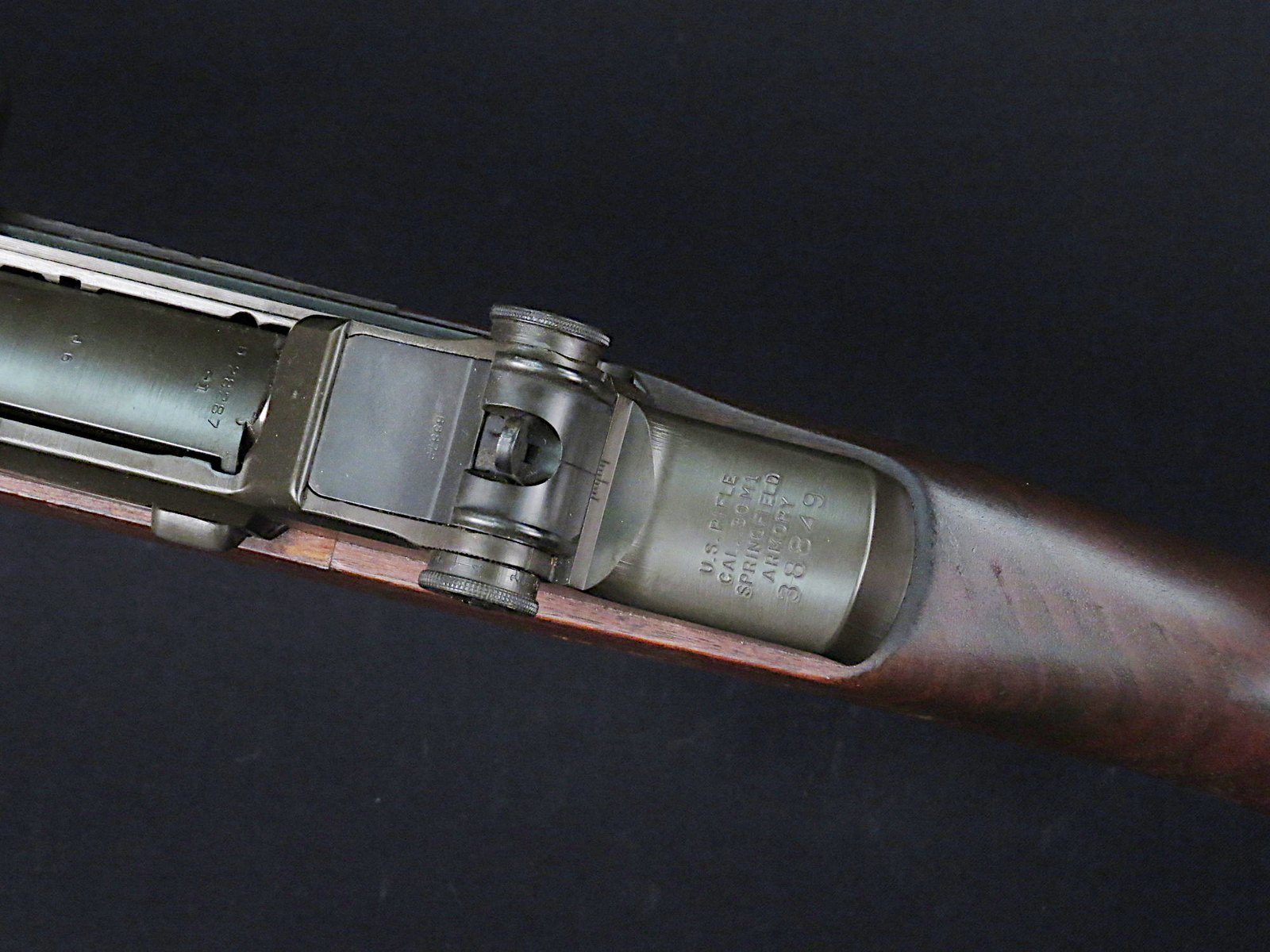 Receiver heel of a Springfield Armory M1 Garand stamped U.S. Rifle Cal. .30 M1 Springfield Armory with the serial number below