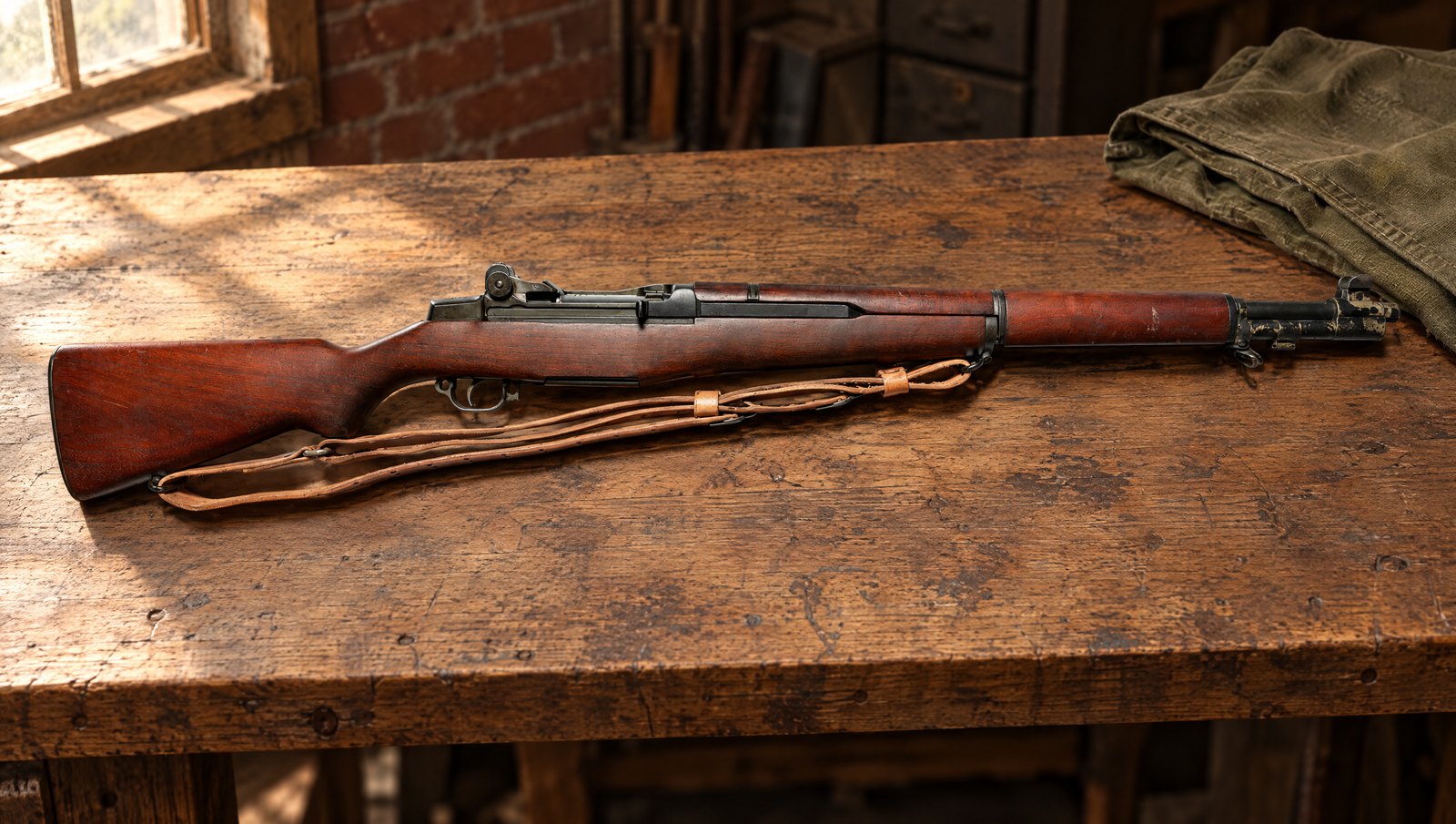 World War II M1 Garand rifle with a leather M1907 sling lying on a weathered oak armory workbench in soft window light