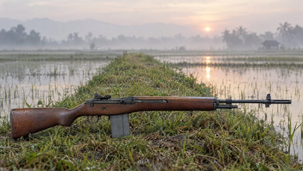 M14 rifle with a wood stock on a rice paddy dike at misty dawn in Vietnam