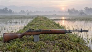 M14 rifle with a wood stock on a rice paddy dike at misty dawn in Vietnam