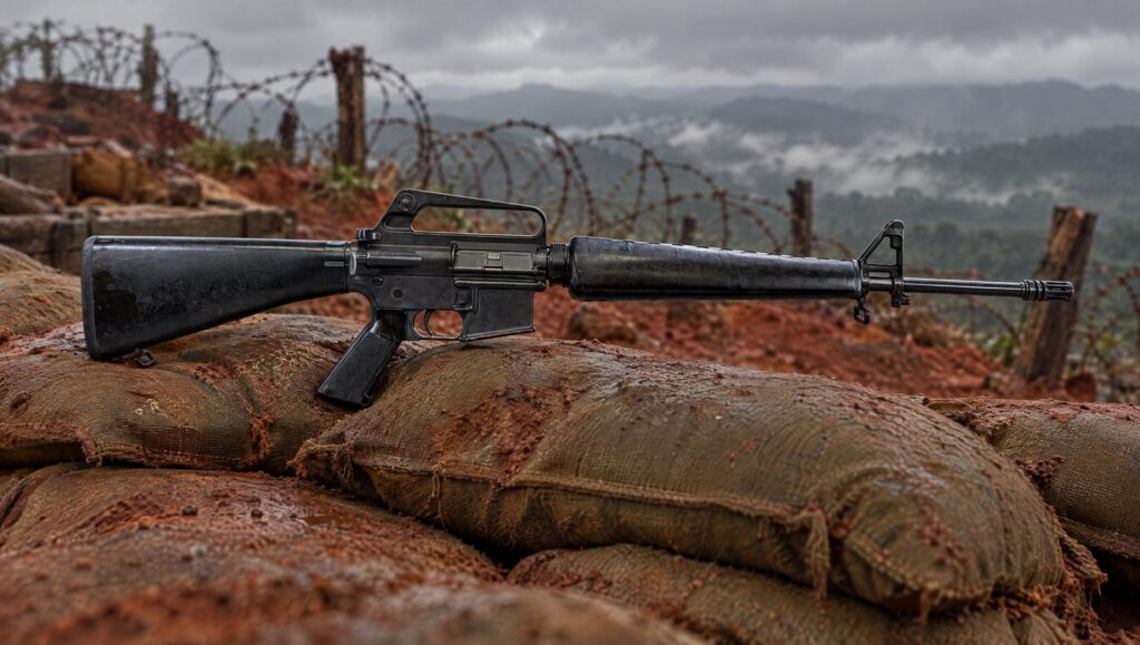 Colt M16A1 rifle with a triangular handguard on sandbags at a Vietnam firebase